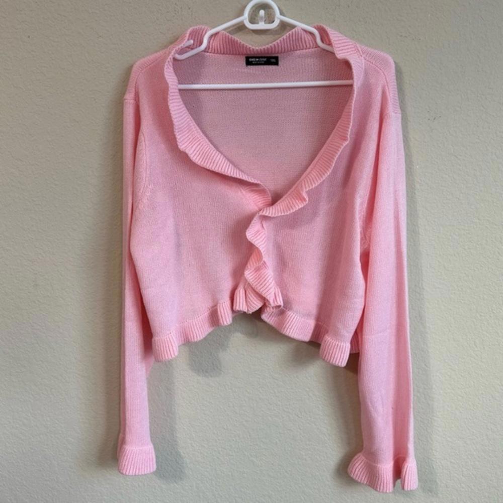 Shein Sweater Pink Cardigan Ruffle Trim Long Sleeve Trendy Barbie Barbiecore